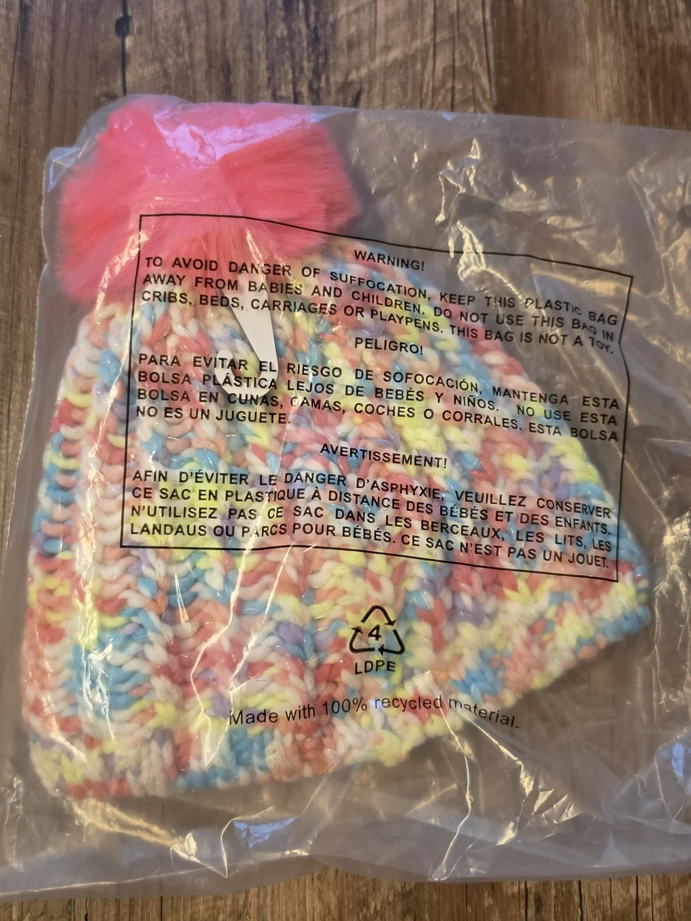 New Girls Multicolor Chunky Knit Beanie with Pink Pom & Fun Patches – Size 4-7
